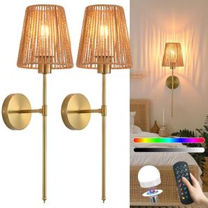 Battery Operated Wall sconces Set of Two,Rattan Shade Black with Remote Rechargeable Light Bulbs,dimmable RGB,Living Room, Bedroom, Hallway, Bathroom (Gold)
