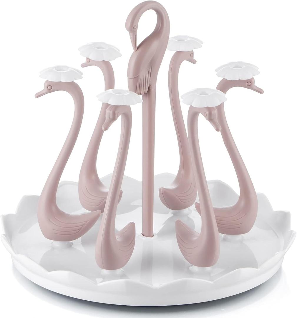 MOLIGOU Cup Drying Rack, Mug Dryer Rack with Drip Tray, Rotating Bottle Drying Stand Holder for Kitchen Counter, 6 Holders (Pink Swan)