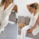 Women's 2 Piece Outfits Linen Vest Waistcoat Dressy Casual Sets Wide Leg Pants Suits Size L