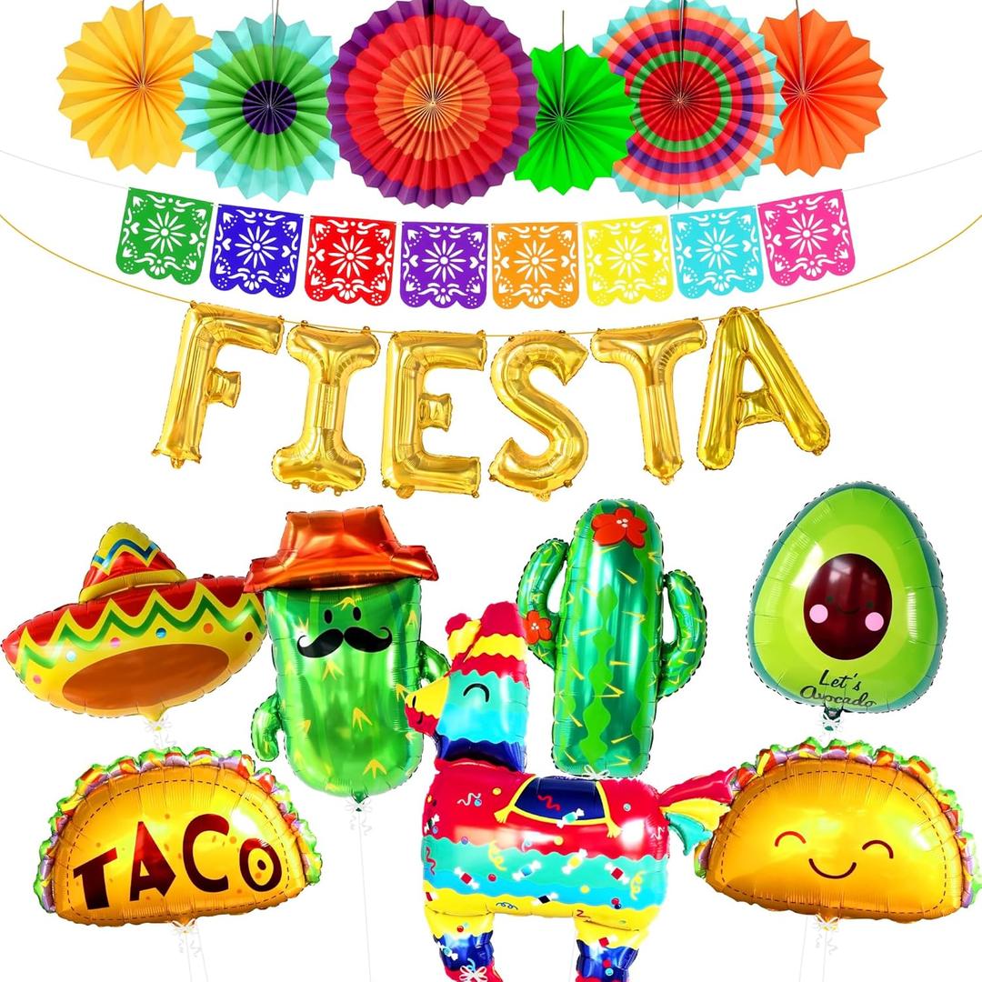 KatchOn Fiesta Party Decorations - Big Set of 20 | Mexican Banner, Taco & Cactus Balloons for Fiesta & Taco Birthday Parties