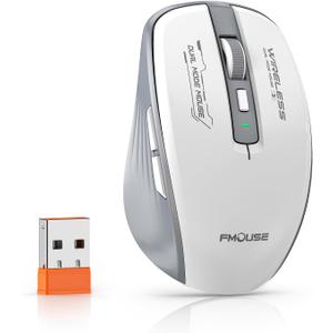 Wireless Mouse (Bluetooth & 2.4GHz USB) with Forward/Backward Side Keys, Silent Click, Ergonomic Portable AA Battery Mice for Laptop/Mac/iPad - Office & Travel Use, White & Grey