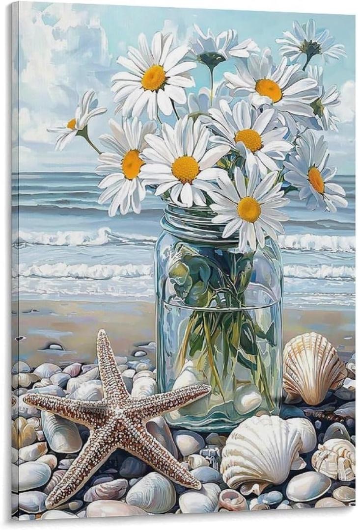 Blue Beach Bouquet Canvas Wall Art Ocean Stone Painting White Flowers Blooming Wall Canvas Print Canvas Wall Art Prints Poster Photo Picture Painting Posters Room Decor Home Decorative 16x24inch (40x60 (Frame-style)