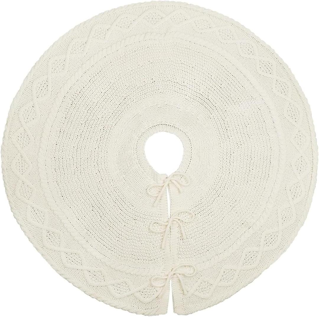 Christmas Tree Skirt, 36 Inches Knitted Christmas Tree Skirt, Chunky Cable Knit Thick Rustic Christmas Tree Decorations, Christmas Decor Xmas Holiday Home Party Decorations (White)