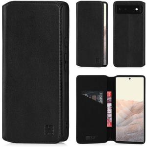 32nd Classic Series 2.0 - Real Leather Book Wallet Case Cover for Google Pixel 6, Real Leather Design with Card Slot, Magnetic Closure and Built in Stand - Black