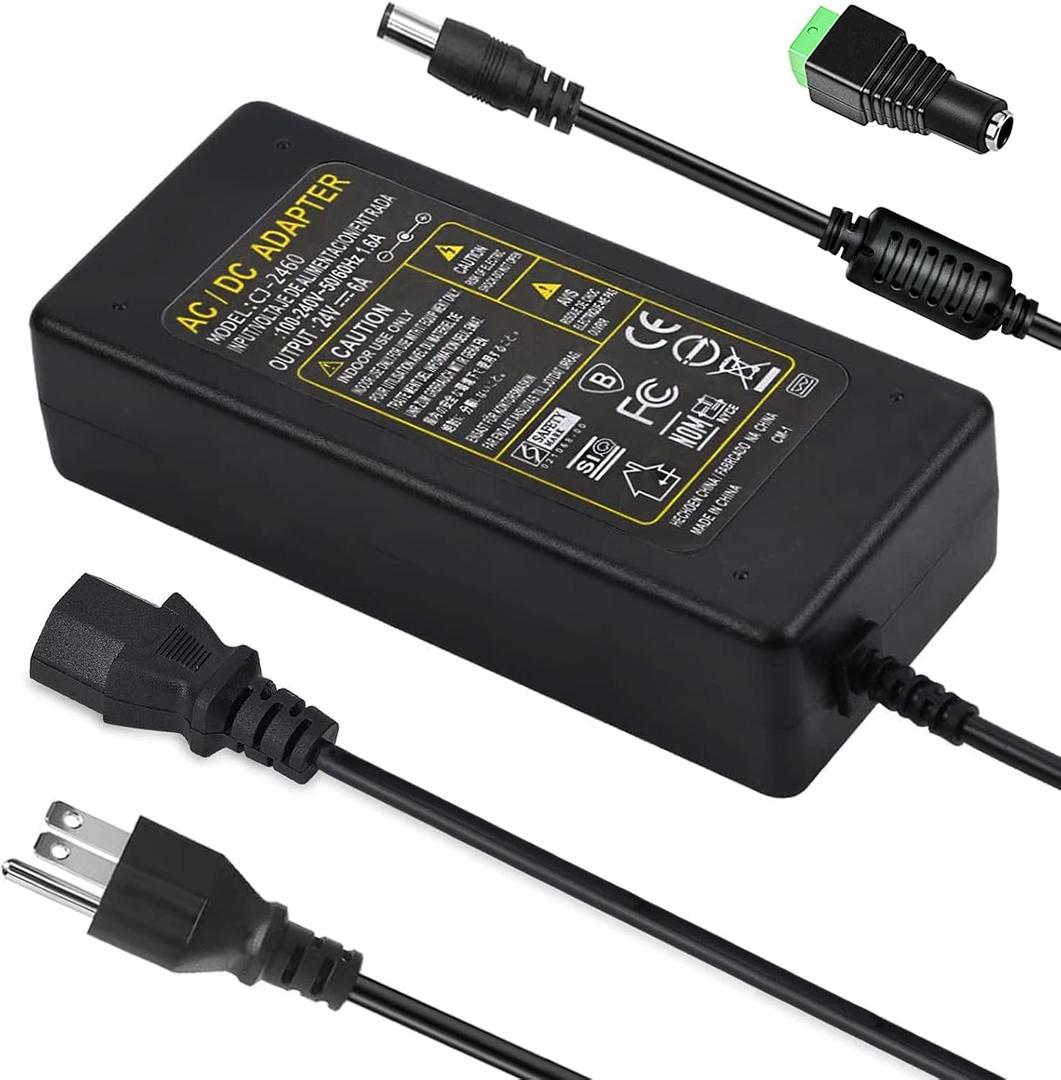 24V Power Supply,24Volt 6Amp 144W 100-240V AC to 24V DC Power Supply with 5.5mm x 2.5mm&2.1mm Output,LED Terminal Connector,24V 6A Power Supply 5A 4A 3A 2A 1A DC Adapter for LED Strip Light,Printer