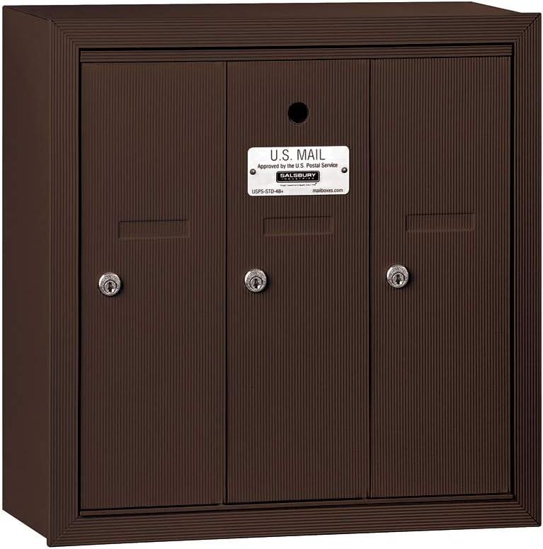 Salsbury Industries 3503ZSU Surface Mounted Vertical Mailbox with USPS Access and 3 Doors, Bronze