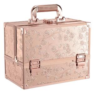FRENESSA Makeup Case 11.8 Inch Makeup Organizer Case Large Cosmetic Box with Mirror Portable 3 Trays Travel Storage Box for Make Up Nail Tech Kits Cosmetology Case 3D Rose Gold Floral