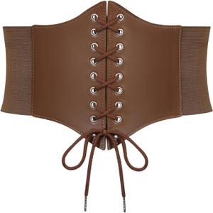 SUOSDEY Black Corset Belt for Women, Vintage Lace-up Elastic Waist, Tied Waspie Wide Belt for Halloween Costume (XL: Waist Size 41''-45'', 15-light Coffee)