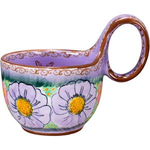 silesia Handmade Ceramic Soup Bowl with Loop Handle, Hand Painted Floral Cereal Bowl, Artisanal Soup Mug for Chili, Stew, Oatmeal, Microwave Safe, Glazed Purple