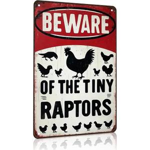 Funny Gifts for Women Chicken Lovers Farm Enthusiasts Beware of The Tiny Raptor Chicken Tin Sign for Chicken Coop Farm Kitchen Garden Yard Decor 8 X 12 Inch (3921) (Red)