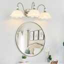 Brushed Nickel 3-Light Bathroom Vanity Light with Floral White Glass Shades, Brushed Nickel Wall Mount Lighting for Bathroom, Dressing Table