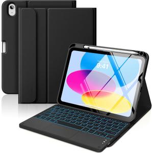 MoKo Touch Keyboard Case for iPad (A16) 11th Generation 11 inch 2025, iPad 10th Generation 10.9 inch Case with Pencil Holder, 7 Colors Backlit Multi-TrackPad Detachable Bluetooth Keyboard, Black