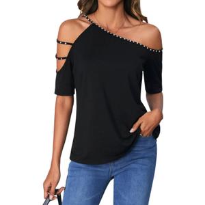 SOLY HUX Women's Cut Out Off Shoulder T Shirt Short Sleeve Rhinestone Tee Tops, Size S