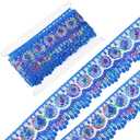 GORGECRAFT 5 Yards Blue Ethnic Embroidery Lace Trim 2-3/8" Shiny Floral Sequin Sparkle Lace Ribbon Sun Paillette Polyester Woven Ribbons with Thread Bobbins White Cards for Applique Sewing DIY Craft