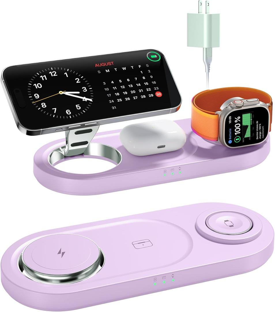 Upgraded 3 in 1 Wireless Charging Station for Apple Devices, Faster Mag-Safe Charger Stand, Magnetic Charger Station for iPhone 17/16/15/14/13/12 Series & AirPods Pro & Apple Watch Series (Purple)