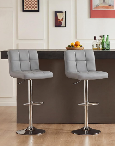 DUMOS Bar Stools Set of 2, 24 inch Counter Height Bar Chairs, Upholstered Modern Kitchen Barstools with Metal Base, PU Leather Saddle Stools for Kitchen Island, Grey