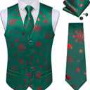 DiBanGu Mens Christmas Suit Vest and Tie Set for Men Waistcoats and Necktie Pocket Square Set for Prom Party S-3XL (XX-Large, Green Red)