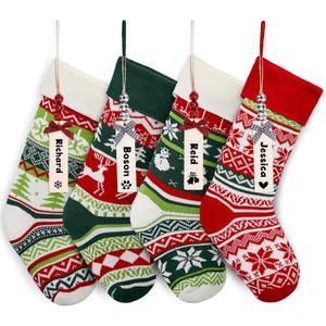 Mostop 4 Pack Knit Christmas Stockings, 19" Large Size Cable Knit Reindeer, Snowflake, Snowman Xmas Stockings with 4pcs Leather Name Tags for Xmas Holiday Christmas Party Family Decor (Bulk)