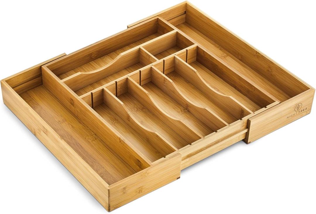 Night Tree Deep Bamboo Drawer Organizer  Expandable Utensil and Silverware Tray for Kitchen Cutlery and Flatware, Large Size (21.6" or 13.7" x 17" x 2.5")
