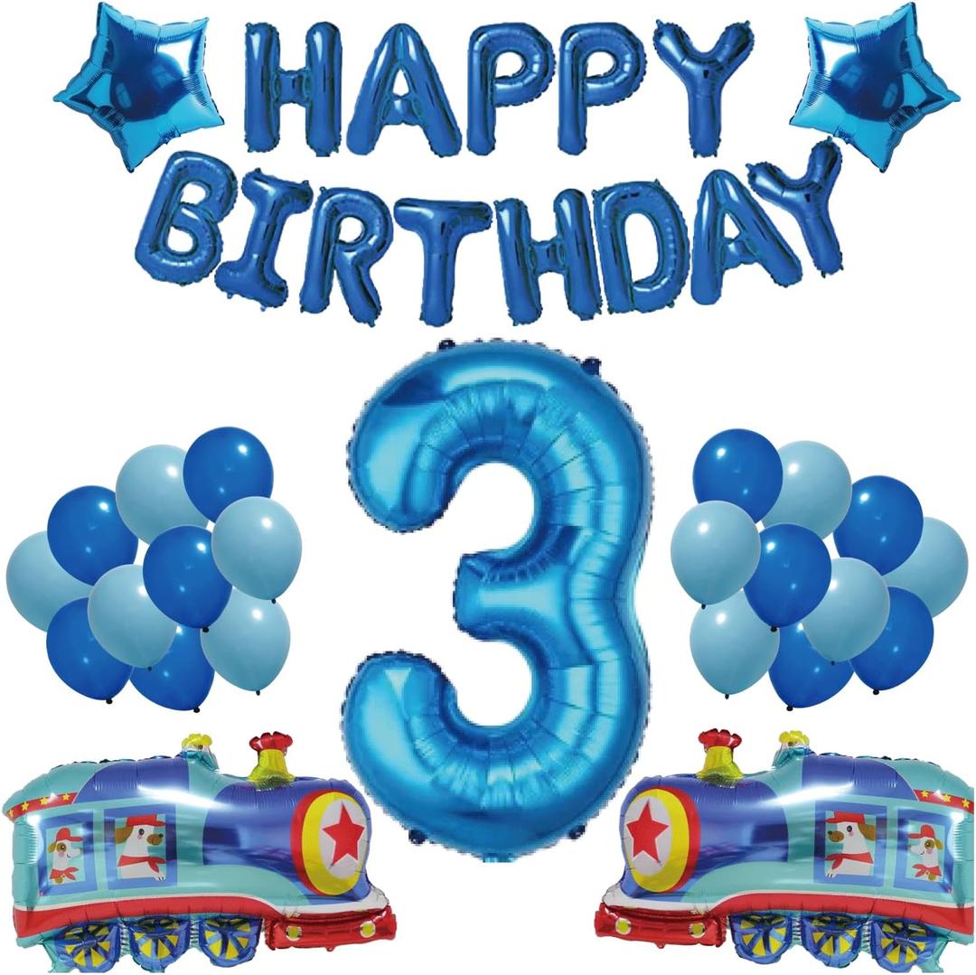 3rd Birthday Balloon Decorations for Boys, Blue Number 3 Foil Balloon Set, Train Theme Party Supplies with Star & Latex Balloons (3)