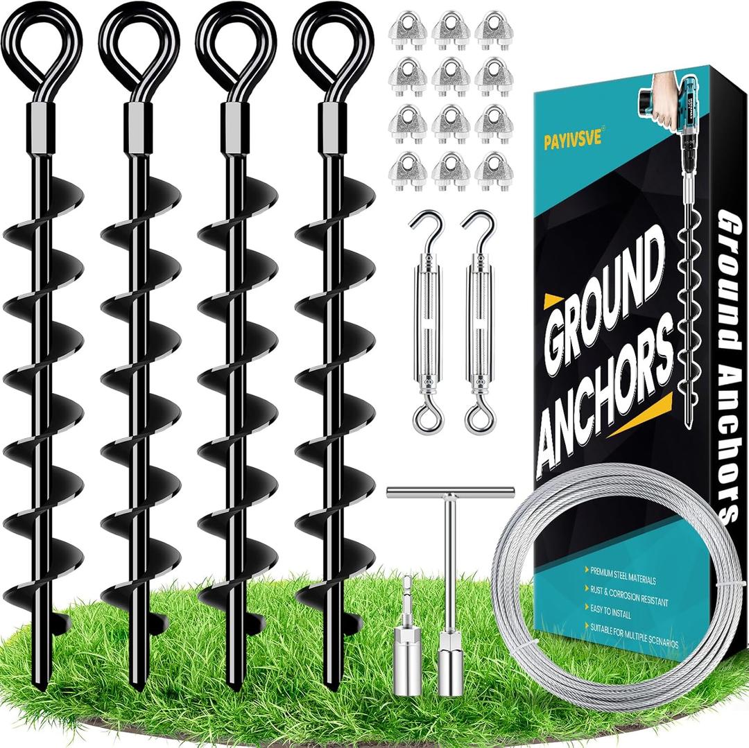 Ground Anchors Shed Anchors Kit with 1/8" Galvanized Cable and Turnbuckles, Trampoline Stakes Heavy Duty Earth Anchor for Sheds Canopy Gazebo Mobile Home Swing Set(4x15in)