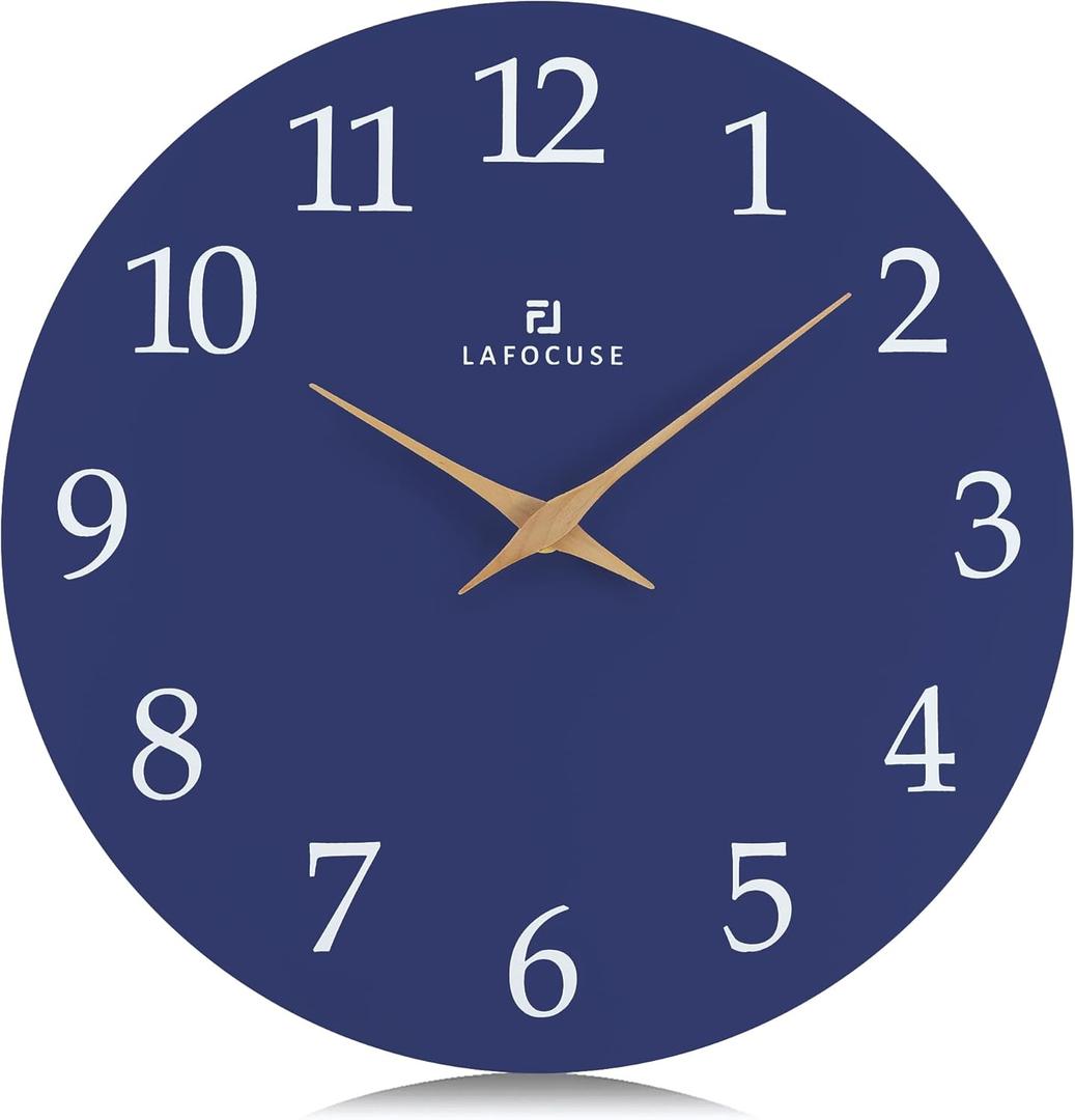 Lafocuse 12 Inch Silent Navy Blue Wall Clock Battery Operated, Wooden, Simple, Minimalist, Kitchen, Living Room, Bedroom, Office, Home Dcor