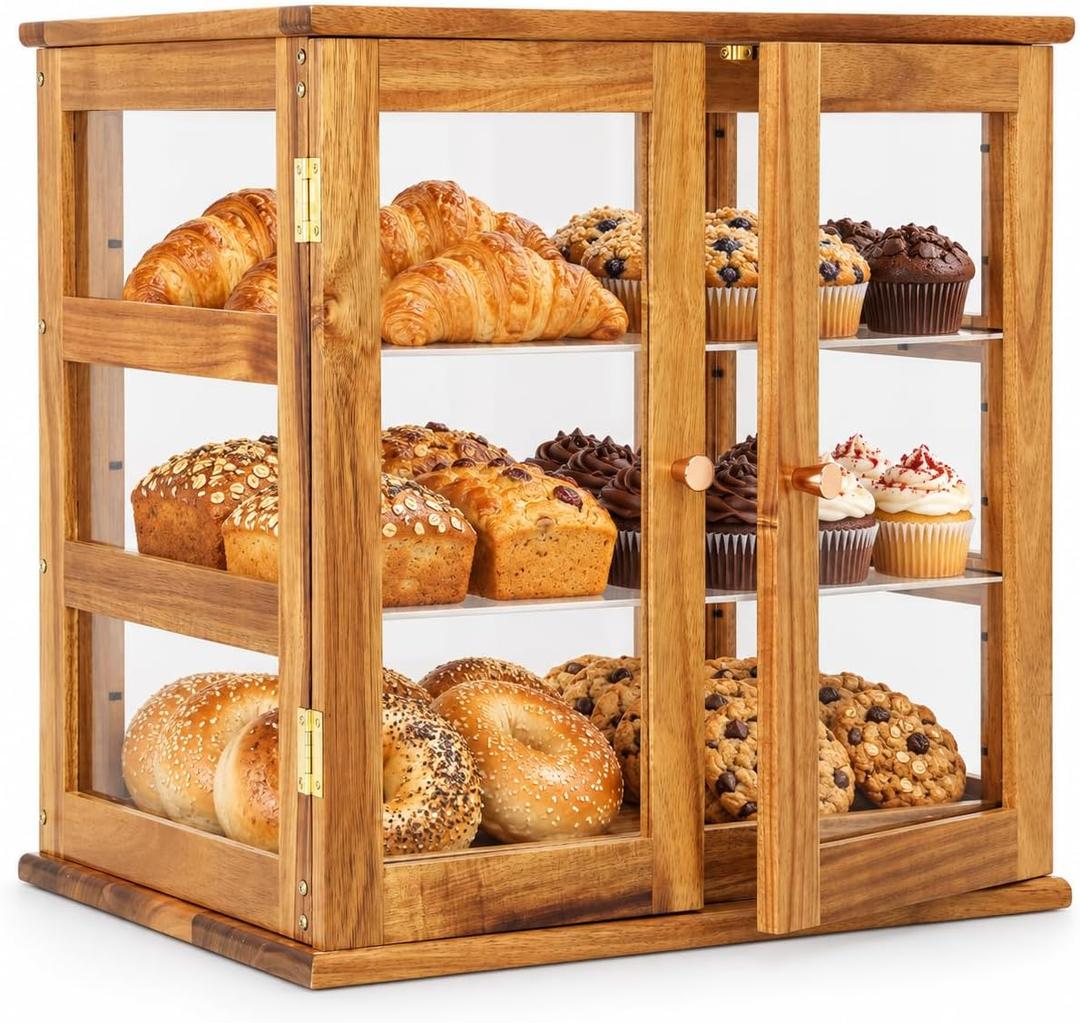 Countertop Pastry Display Case, 3-Tier Acacia Wood Bakery Display Case with Acrylic Doors, Bread & Food Display Case for Coffee Shop, Kitchen Counter, Large