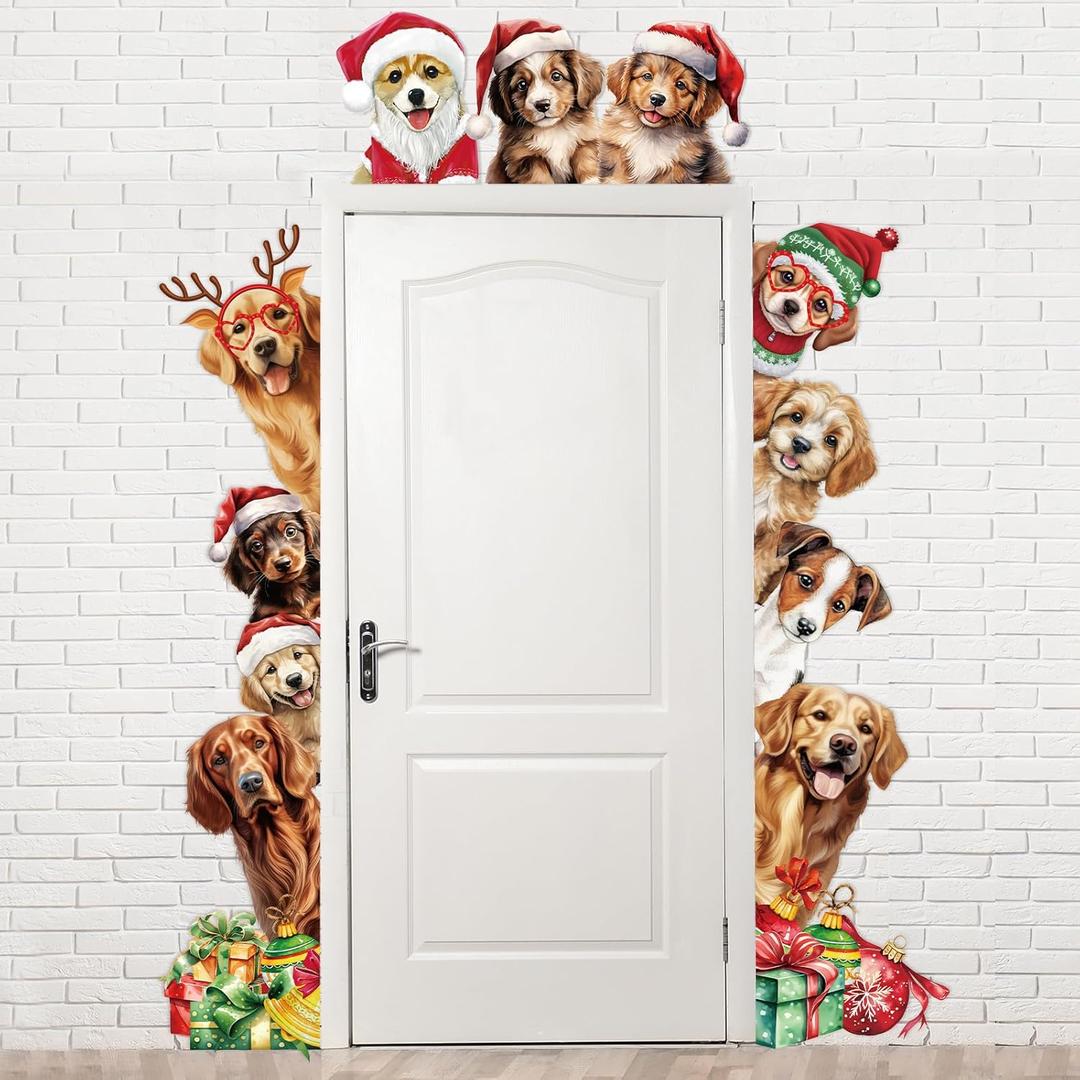 Tiamon 3 Pcs Christmas Door Decorations Christmas Dogs Porch Banner Santa Dogs Backdrop Xmas Party Hanging Banner Photo Booth Props Supplies for Window Wall Outdoor New Year Winter, 72.8 x 35.4 in
