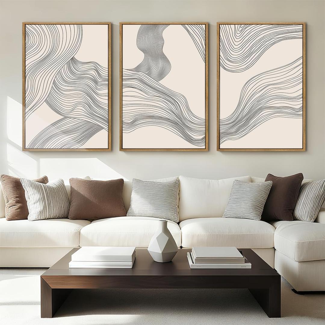 Large Beige Abstract Wall Art Framed Neutral Modern Canvas Wall Decor Minimalist Line Wave Painting 24x36 Inch Pictures Set of 3 for Living Room Bedroom Dining Room