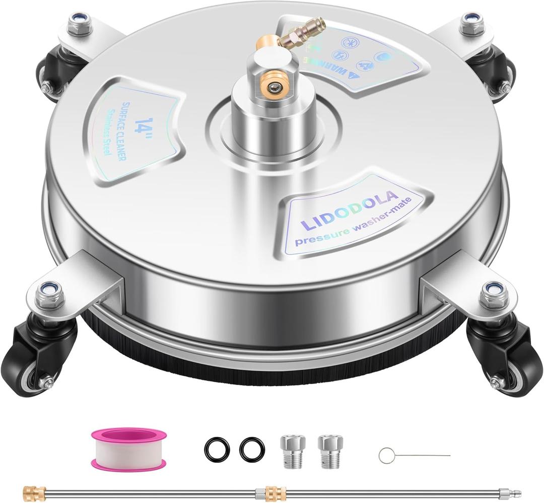 14" Pressure Washer Surface Cleaner with 4 Wheels - Stainless Steel Surface Cleaner for Pressure Washer Attachment for Concrete, Patio, Sidewalk, Deck and Driveways - PWS14 (14 INCH SILVER)