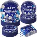 gisgfim 50 Guests Blue Birthday Party Supplies Navy Blue and Silver Plates and Napkins Plastic Forks Happy Birthday Tableware Paper Disposable Plates for Men Women Party 200PCS