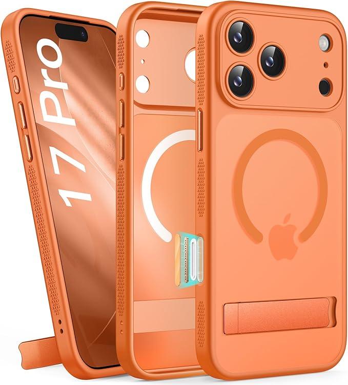 BXYJY for iPhone 17 Pro Case Magnetic with Stand, Camera Control Button, Full Lens Protection, Compatible with MagSafe, Military Grade, Translucent Thin Women Men Hard Case for iPhone 17 Pro, Orange