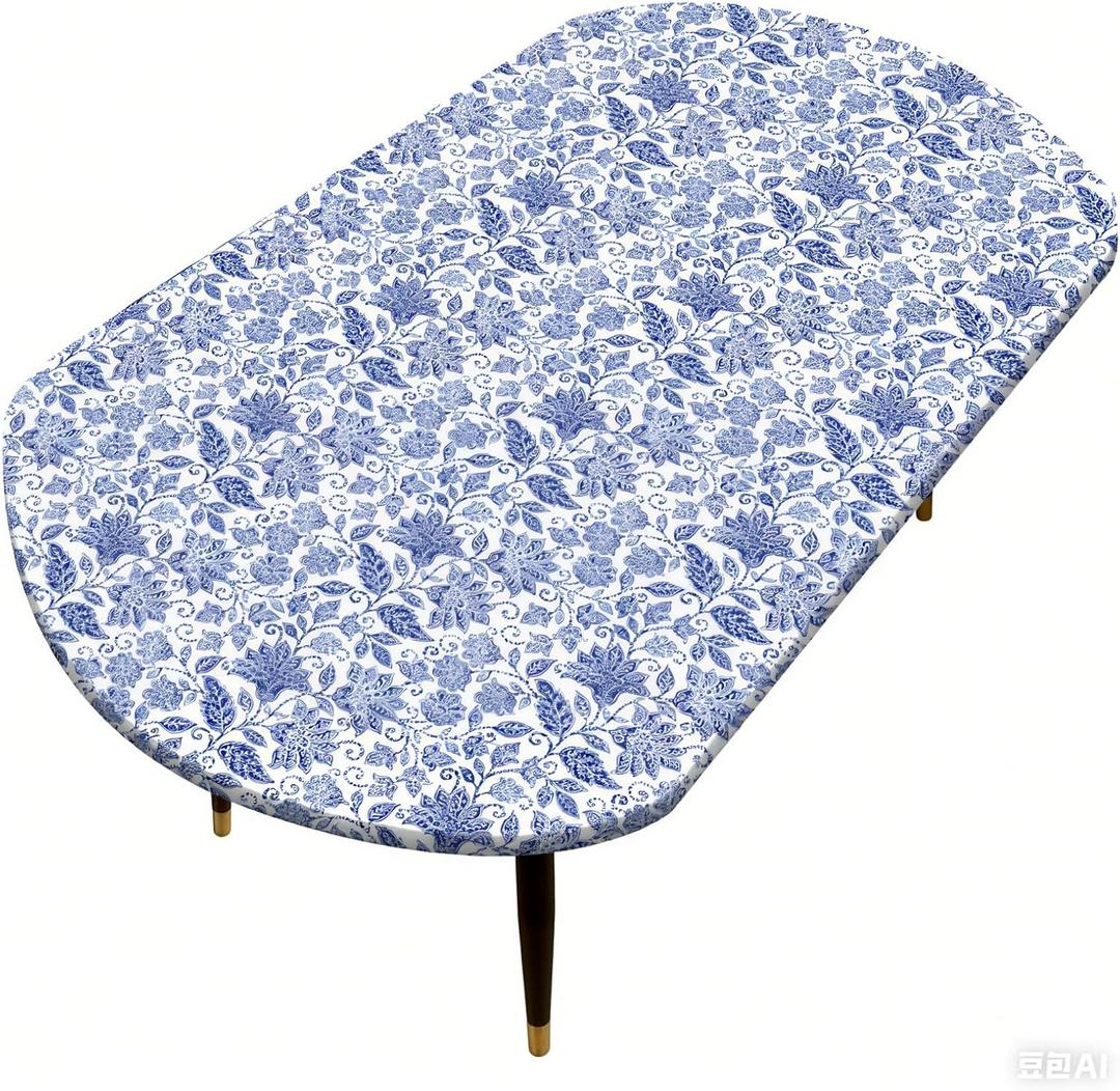 Pioggia Oval Vinyl Fitted Tablecloth with Flannel Backing Elastic Table Cloth Waterproof Oil-Proof Plastic Table Cover Best for Up to 48" x 68" (Blue Flower)