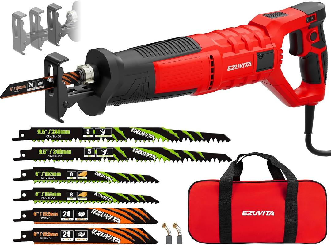 7 Amp Corded Reciprocating Saw for Wood, Metal, PVC & Tree Pruning, 1-1/8" Stroke Length & 2800 SPM, 6-Speed Dial, 180 Rotating Handle, Adjustable Pivoting Front Shoe, 6 Blades & Bag Included
