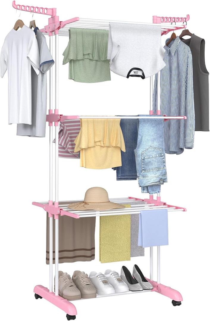 Bigzzia Clothes Drying Rack, Folding Stainless Steel Clothes Horses Rack Indoor Outdoor, 4 Tier Laundry Drying Rack with Two Side Wings -Pink