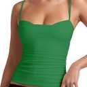 PINKMSTYLE Womens Runched Adjustable Spaghetti Strap Camisole Tank Tops Sleeveless Double Lined Slim Fit Tops (Green, S)