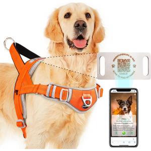 ADVENTUREMORE Dog Harness Medium No Pull with QR Code Dog Tag, Adjustable Reflective Vest, Escape Proof Smart ID Tag with Easy Control Front Clip Handle for Walking M Orange