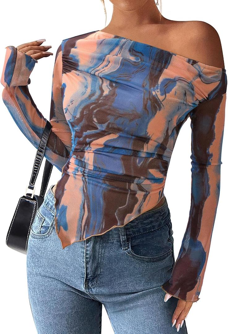 PRETTYGARDEN Womens Fall Trendy Off Shoulder Y2k Tops 2026 Tie Dye Mesh Long Sleeve Shirts Asymmetrical Ruched Floral Blouse (Beige, XXL)
