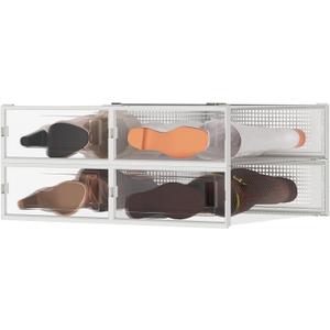 4 Pack Stackable Shoe Storage Boxes, Plastic Shoe Organizer Drawers Bins for Closet, Ventilated Shoe Containers with Lids for Sneakers, Heels and Boots, Clear