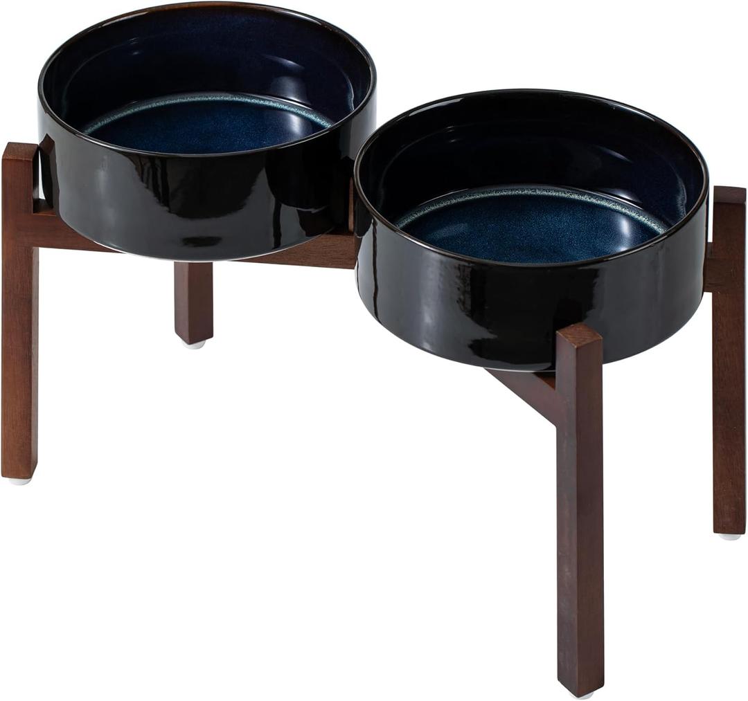 Ceramic 8.2inch Raised Double Dog Bowls Set with Acacia Wood Stand, Food & Water Bowls for Large Breed Dogs, Weighted Pet Dishes(60oz, Starry Sky) (7.6CUPS)