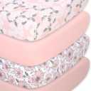 The Peanutshell Baby Organic Bassinet Sheets 4-Pack Unisex - Soft, Oval & Rectangle Baby Girls or Boys Sheet, 100% Jersey Cotton, Fitted Covers for Crib, Halo Bassinet Mattress - Cottage Floral, 33x15