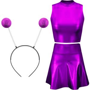 Metallic Top Sleeveless Crop Tank Top Pleated Skirt with Headband for Raves Halloween Cosplay (Large, Purple)