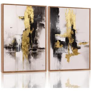 Framed Wall Art Abstract Canvas Wall Art Set of 2 Black Gold Decor Pictures Modern Print Artwork for Bedroom Living Room Office 16x24 inch Framed