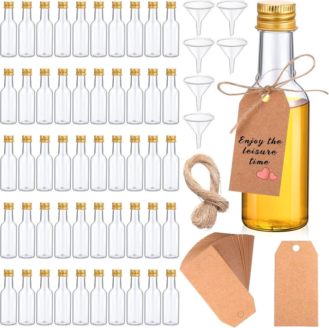 Yinder 100 Pcs Mini Liquor Bottles Set,50ml (1.7oz) Plastic Empty Spirit Bottles for Party,Alcohol Shot Containers with Caps, 6 Liquid Funnels and Kraft Tags with 65 ft Ropes(Gold Cap)