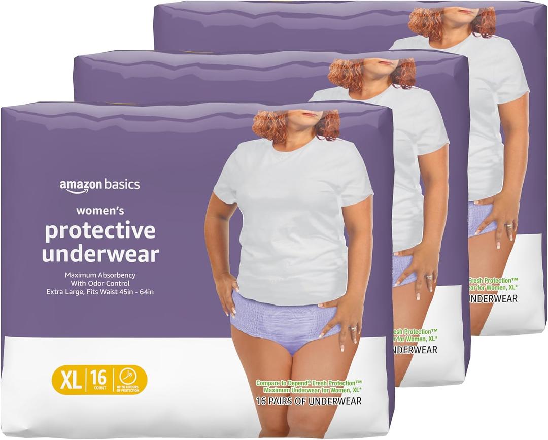 Amazon Basics Postpartum Incontinence Underwear for Women, Maximum Absorbency, Bladder Leak Protection, Soft, Disposable, Odor Control, Comfortable Fit, X-Large, Lavender, 48 Count (3 Packs of 16)