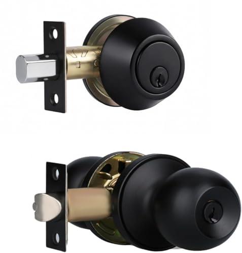 Front Door Lock Set Exterior Door Lock Set with Deadbolt, Single Cylinder Deadbolt Lock and Door Knob Set, Keyed Alike, Matte Black Door Knob and Deadbolt Set (1Pack Set)
