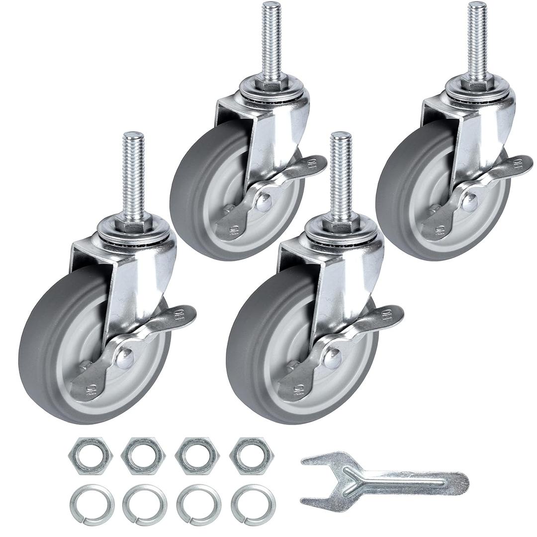 Finnhomy Caster Wheels 3 Inch Set of 4 Heavy Duty Threaded Stem Casters 3/ 8"-16x1-1/ 2" Swivel Rubber Industrial Castors Locking Wheels for Wire Shelving/ Furniture/ Carts Load Bearing 720 Lbs Gray
