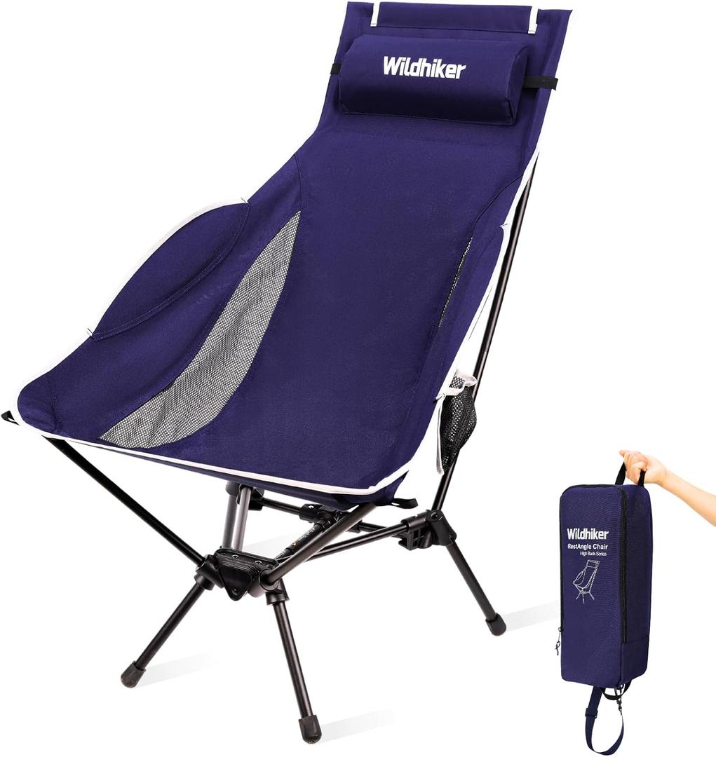 Wildhiker Portable Compact Folding Camping Chairs – Lightweight High Back with Pillow, Deep Recline, ArmPads, Side Pockets-for Motorcycle, RV, Backpacking, Travel, Festival 