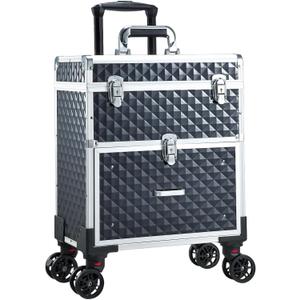 Adazzo Professional Rolling Makeup Case with Drawer for Makeup Artists Cosmetic Train Case Large Storage Case for Nail Technicians Cosmetology Case with Detachable Bag for Hairstylist Black