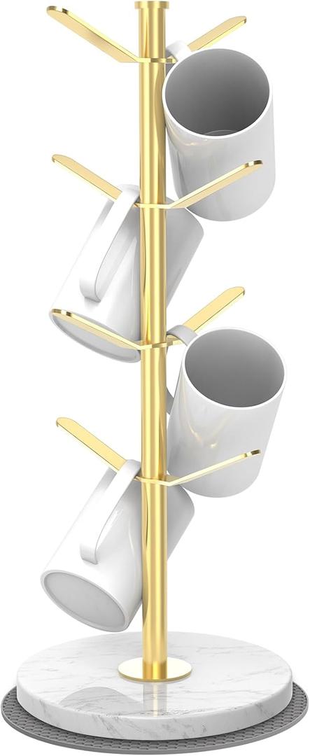 Marble Mug Holder Tree with 8 Hooks, Stainless Steel Coffee Cup Holder, Non-Slip Silicone Pads, Heavy Duty Marble Base, Countertop Organizer for Kitchen & Cafe, Gold